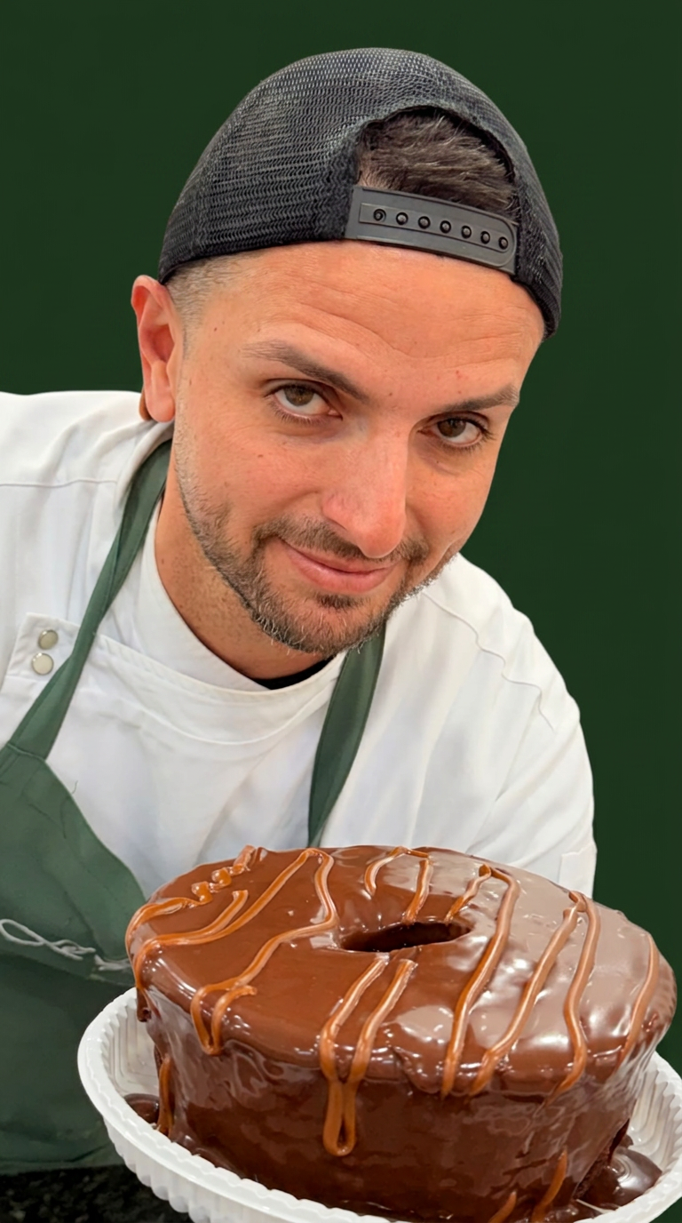 Ale Gaban segurando um bolo de chocolate com doce de leite na Padaria Le Gaban